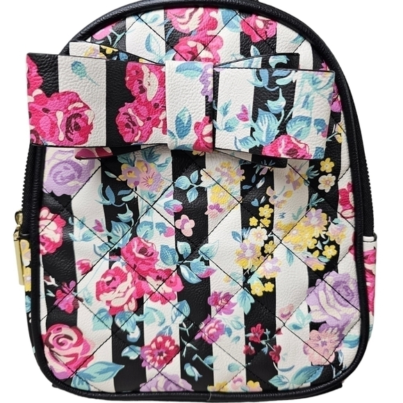 Betsey Johnson Quilted Striped Floral Coquette Mini Backpack - Picture 2 of 6